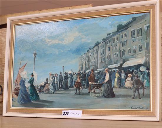 Edward Clarke, oil on board, Walking along the promenade, Brighton, signed and dated 75, 31 x 53cm